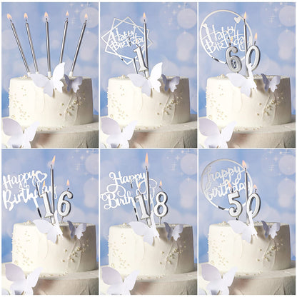 Shihanee 84 Pcs Birthday Cake Toppers Decorations Long Thin Metallic Birthday Candles Bulk Number Candles 0-9 DIY Cake Decor for Wedding Anniversary Party(Silver)