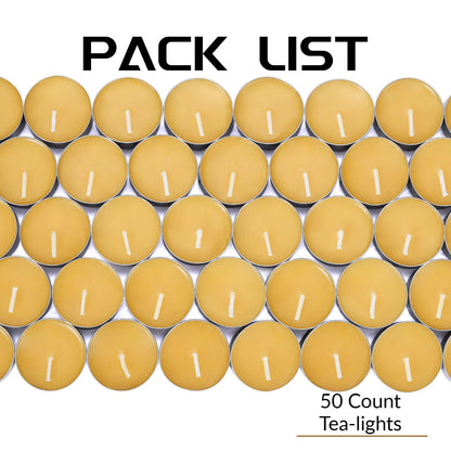 Natural Organic Beeswax Tea Candles in Metal Aluminum Cup - Small Candle Bulk Natural Scent Smokeless 4-5 Hours Long Burning - Yellow, Pack of 50