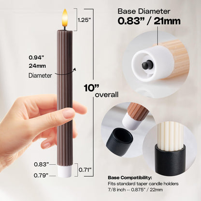 WYZworks Coordinated Chocolatey Mocha Brown 4 Pack, 10" Real Wax LED Flameless Fluted Ribbed Grooved Taper Candles, Remote & Timer Memory, On/Off Button, Dimmable, Battery Operated, Menorah Wedding