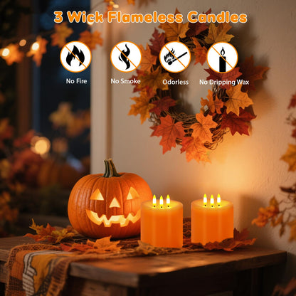 Large 3 Wick Flameless Candles Set of 2, 4"x4" Flickering LED Candles with Remote & Timer, Dimmable Real Wax Pillar Candles Battery Operated, Orange Candles for Fall Thanksgiving Halloween Decor