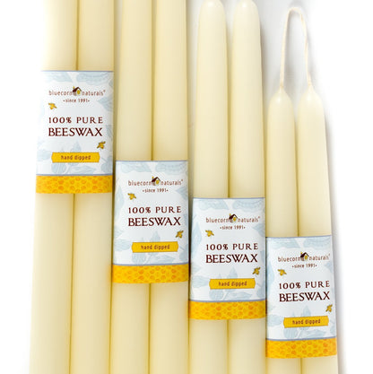 Bluecorn Beeswax Taper Candles, 100% Pure Natural Bees Wax, Pair of 10 Inch Ivory White Tapered Candlesticks, Clean Burning & Dripless, Fragrance Free, Long Lasting, Home Decor, American Made, 8 Pack