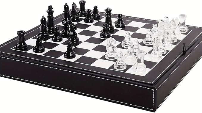 Luxury Glass Chess Set for Adults - 2 Extra Queens Premium Leather Storage Case with 13.2” Chessboard Elegant Board Game Gift