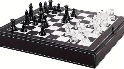 Luxury Glass Chess Set for Adults - 2 Extra Queens Premium Leather Storage Case with 13.2” Chessboard Elegant Board Game Gift