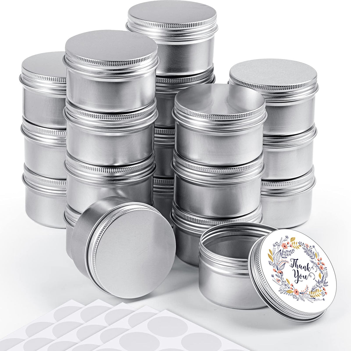 Patelai 36 Pcs 4 oz Metal Round Tins Aluminum Tin Cans Salve Tins Containers with Screw Lid 10 Sheets Stickers for Salve Spice Candies Balms Candles(Silver)