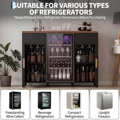 Garvee 53" Fluted Coffee Bar with Mini Fridge Space & Charging Station, Fits 19.7" Mini Fridge, Fridge Cabinet with Wine Storage, Buffet Sideboard with Wine Rack and Storage for Dining Room, Black
