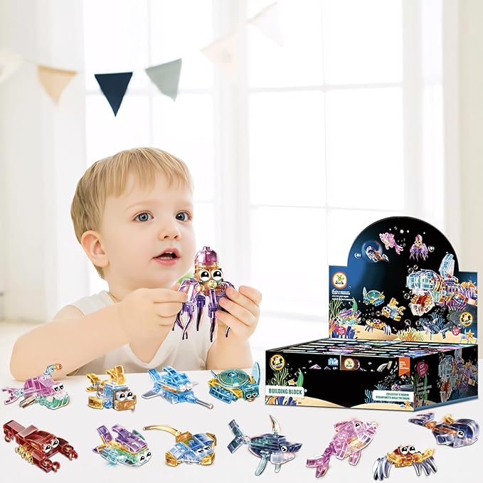 12 Piece Set of Marine Animal Building Blocks Suitable for Goodie Bags Stocking Stuffer Classroom prizes Birthday Gifts Boys' and Girls' Toys 12 in one Building Block Set