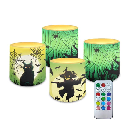 Merkmak Flameless Candles with Remote Battery Operated Candles with Timer Halloween Spider Web Black Cat Pumpkin Print Flameless Pillar Tea Lights for Party Home Decorations