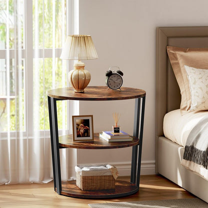 Kalrin Round Side Table, 3-Tier Rotating Side Table, Big Shelf End Table Living Room with Lazy Susan, Nightstand for Small Spaces Living Room Bedroom Sofa, Vintage Brown