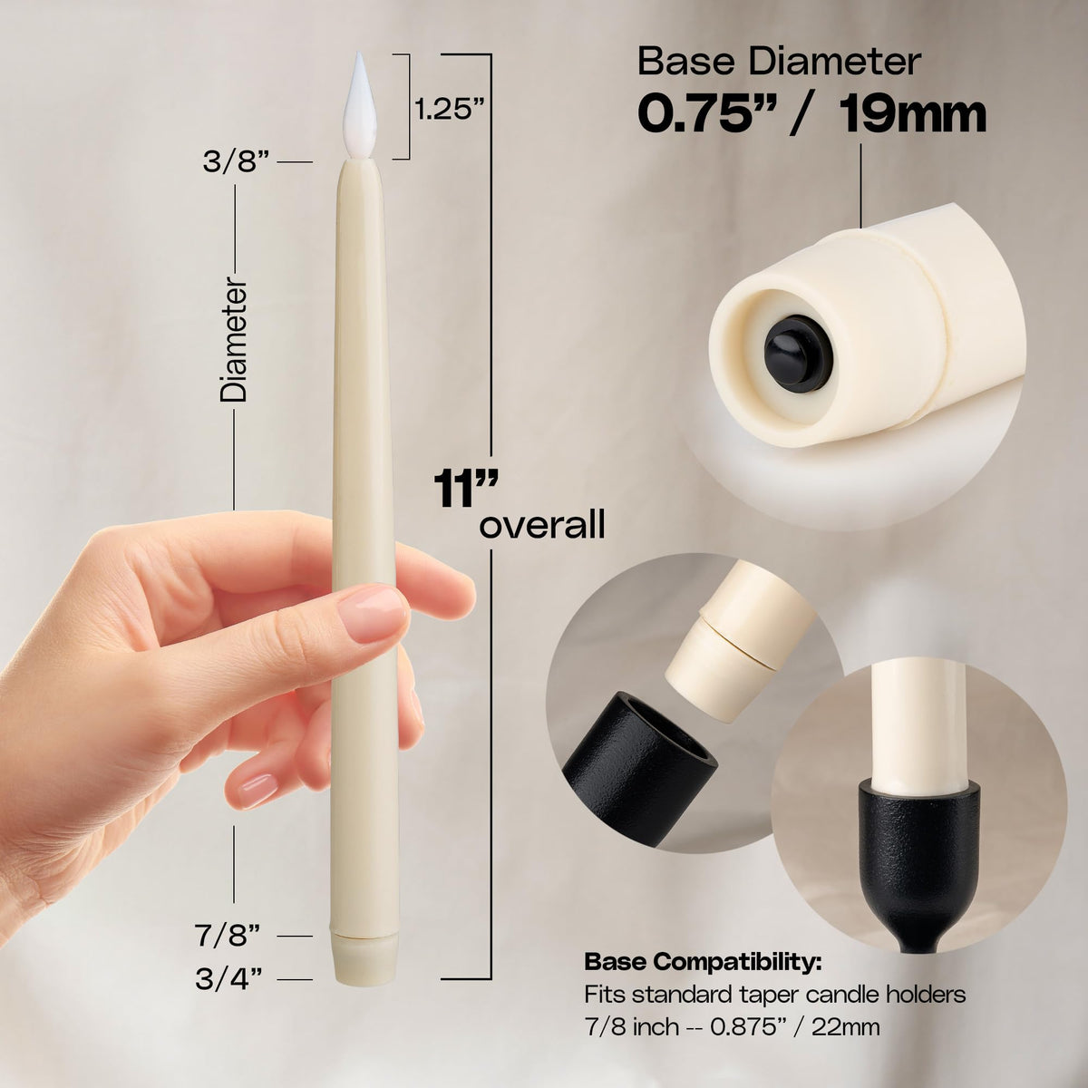 WYZworks 60 Pack, 11" LED Flameless Ivory Taper Flickering Candles Lights, Clickable On/Off Button, Battery Operated Electric Long Tall Candlesticks for Holiday Christmas Candelabra Wedding Window