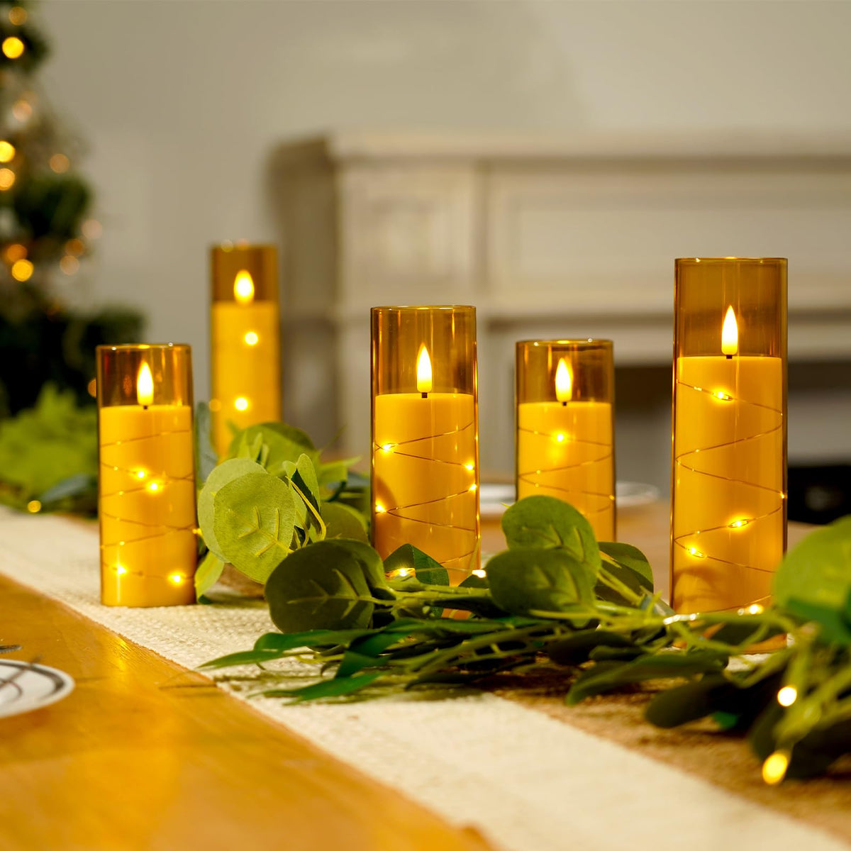 Homemory Flameless LED Candle with Embedded Star String Lights, Fake Candles with Remote Control & Timer, Battery Operated Candles, Amber, Set of 5