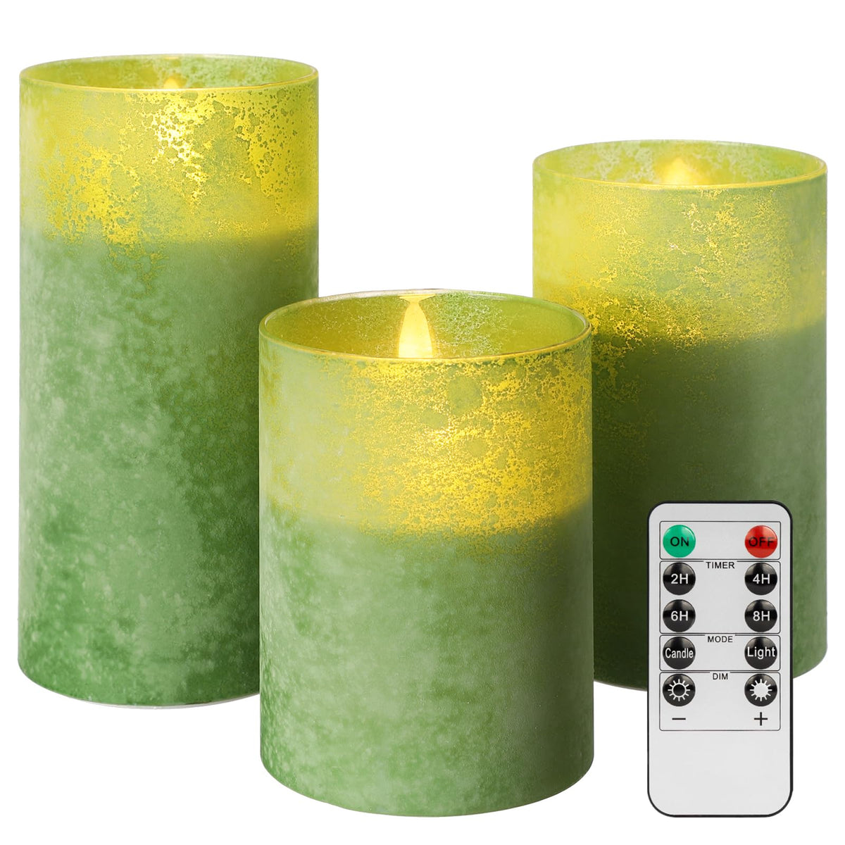 HJANDHJ Green Flameless Candles with Timer - Glass Battery Operated LED Candles with 10-Key Remote, Ocean Theme Green Sandblast Flickering Real Wax Pillar Candles for Home Weddings Decor