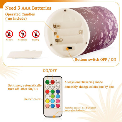 ALAZA Romantic Cherry Blossoms Flickering Flameless Candles Battery Operated with Remote Timer,Tea Light Candles LED Pillar Votive Candles Set of 2 for Outdoor Indoor Decorations