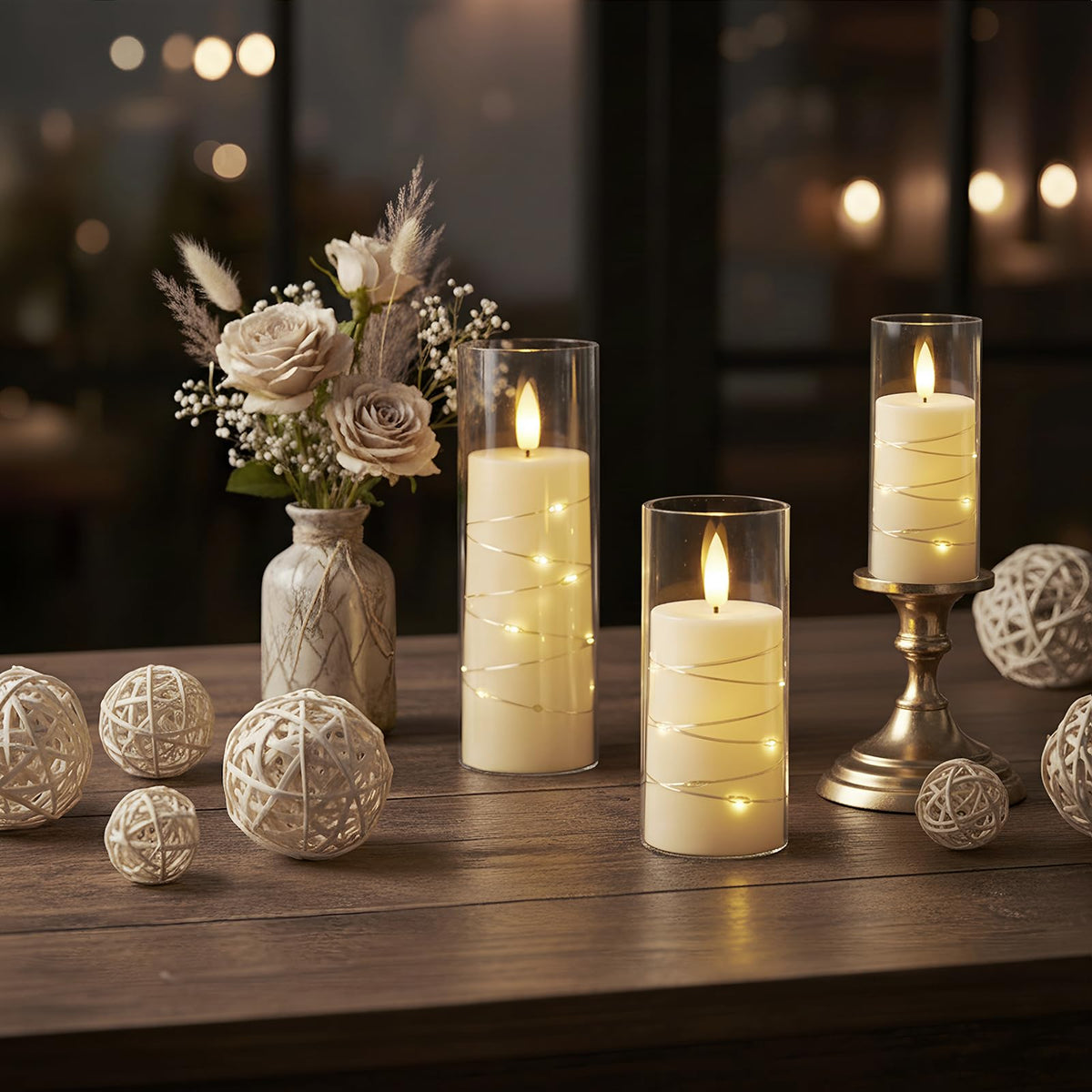 Raycare Flameless Candle with Remote Timer – 5 Flickering Acrylic Battery Operated LED Pillar Candles with Embedded Star String for Halloween, Home Decor, and as a Gift(Ivory)