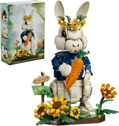 Easter Bunny Building Set with Carrot &amp Sunflower Base 1258 PCS Bricks Blocks Rabbit Model Compatible with Lego Easter Creative Easter Gift for Kids and Adults