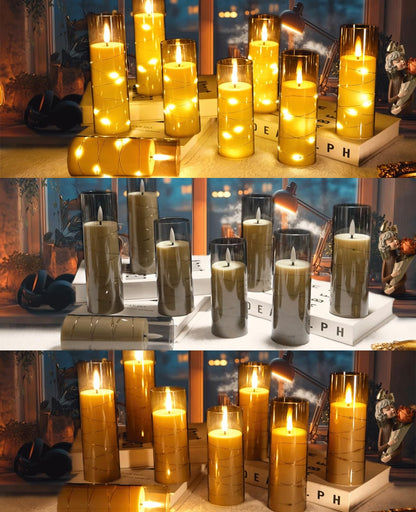 ACROSS Grey Flameless Candles with String Lights Battery Operated LED Pillar Candles 5‘’ 6‘’ 7‘’ 8‘’ Candle with Remote Control,Fake Candle Set of 12 for Special Festivals Decorations