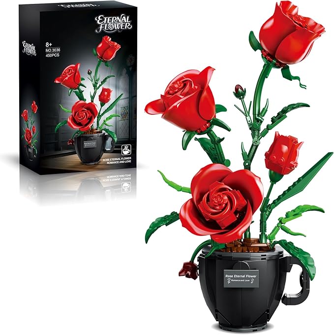 Red Roses Flowers Building Block Set with Coffee Cup Vase for Adults Compatible with Lego Flower 450PCS Rose Botanical Collection Kit for Valentine's Day Home Decor Gift for Girlfriend/Wife/Mom