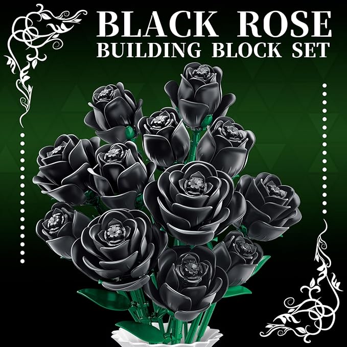Black Rose Flower Building Blocks Bouquet 12 PCS Gothic Artificial Roses DIY Botanical Set Home Office Decor Gift for Women Adults Teens Valentines Day Mothers Day 512 PCS