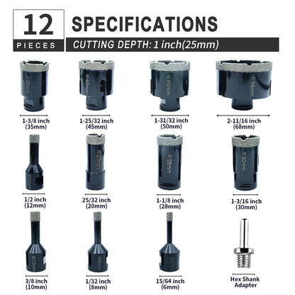 M14 Diamond Drill Bit Set LAIWEI 12PCS Tile Hole Saw Set Includes 1/4”-2-3/4” Hole Cutters and Hex Shank Adape, Ceramics, Marble, Granite, etc.