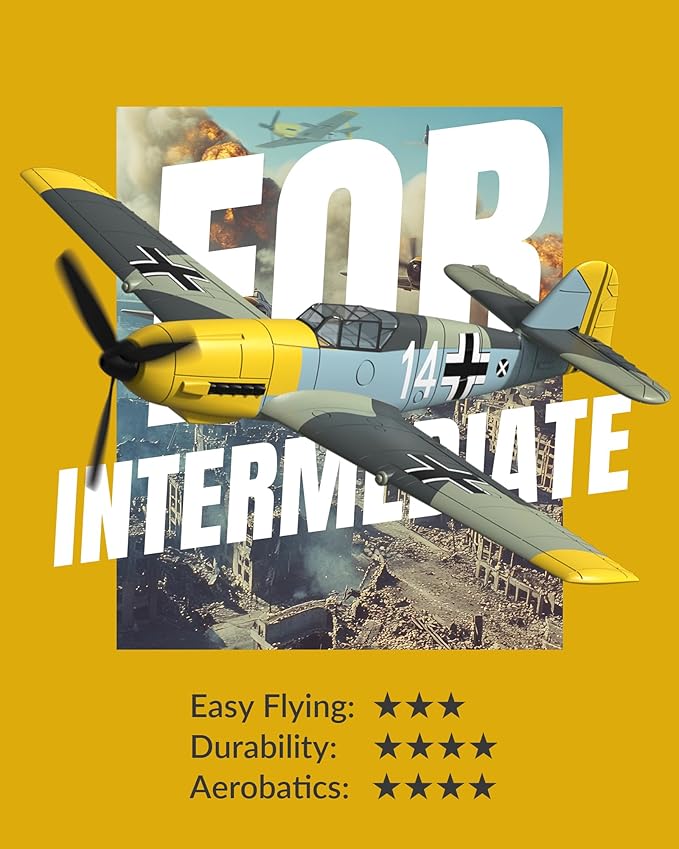 volantexrc RC Plane 4 Channel Remote Control Airplane BF109 Fighter RTF with Aileron Gyro Aerobatics &amp 3 Modes Easy to Fly Hobby Radio Controlled Aircraft for Beginners &amp Adults (Yellow)