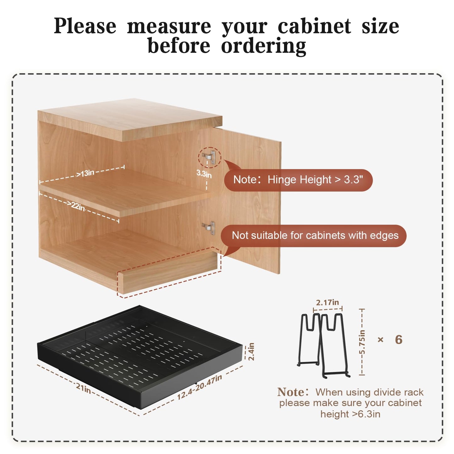 Seinloes 6 Pack Pull out Cabinet Organizer 21"Deep with Raising Pad for Framed Cabinets, Expandable Slide out Drawers for Kitchen Cabinets with 6pcs Divider Racks, Roll out Shelves 12.1"-20.4" W Black