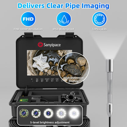 Sanyipace Sewer Camera with Pipe Locator, 7mm/0.28inch Cable, 512Hz, 10.1" IPS Screen, 32GB Card, 165FT/50M Borescope Inspection Camera, DVR with Speaker, for Drain Pipe Plumbing Inspection