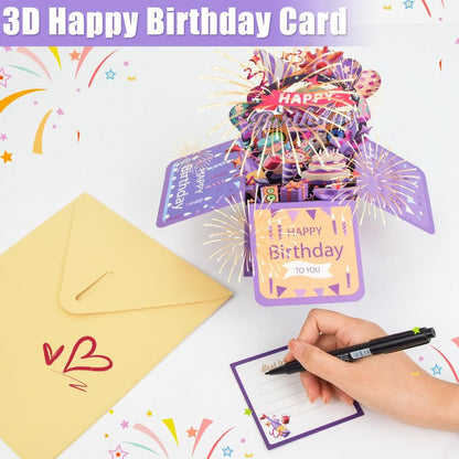 Surprise Pop Up Happy Birthday Cards, Lovely 3D Birthday Card for Adults and Kids with Envelopes, Unique Design Handmade Foldable Greeting Cards for Daughter, Son, Mom, Dad, Friend（Deep Purple）