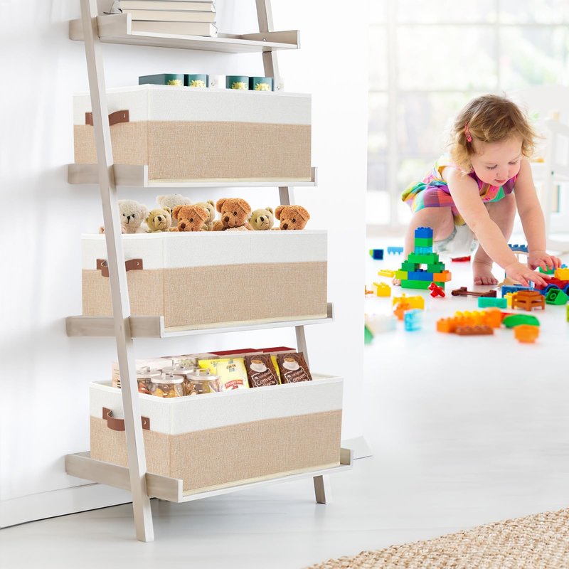 Closet Organizer Bins 3 Pack, Large Storage Bins for Shelves, Foldable Closet Storage Boxes Baskets with Leather Handles for Organizing Clothes, Sheets, Jeans, Toys, Books（Begie）