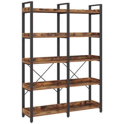 Seventable Bookshelf 5 Tier with 4 Hooks, 63” Industrial Wooden Bookcase, Vintage Storage Rack with Open Shelves, Rustic Standing Bookshelves Metal Frame 43.3” Wide Display Rack, Rustic Brown