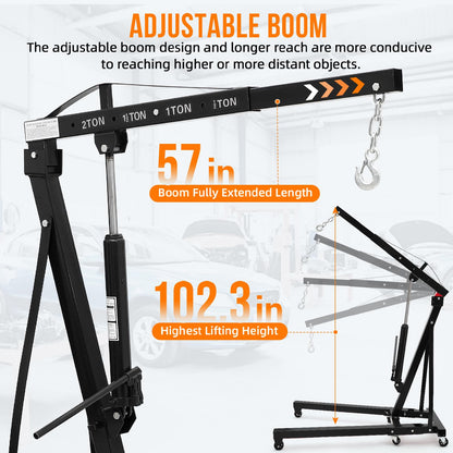 Hydraulic Engine Hoist 2 Ton, Cherry Picker Shop Crane with 6 Casters and Telescopic Boom, 4400 Lbs Heavy Duty Engine Hoist Crane Lift for Garage, Workshop, Automotive Repair, Black