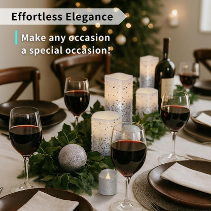 FURORA LIGHTING Silver Glitter Flameless Candles - Real Wax, Adjustable Brightness, Remote & Timer - 4 Pillars (3x4, 3x6) and 4 Votives, 8-Pack, Battery Operated