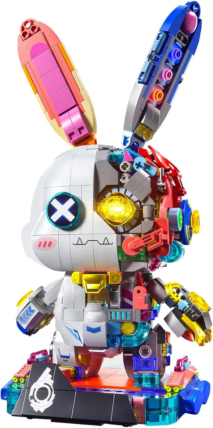 Mechanical Rabbit Building Set - Punk Style Animal Collection Toy Robot Bunny Sets with LED Light Neon Style Collectible Building Toy Easter Decor Gift for Boys Girls Adults Teens Ages 12+ 1377PCS