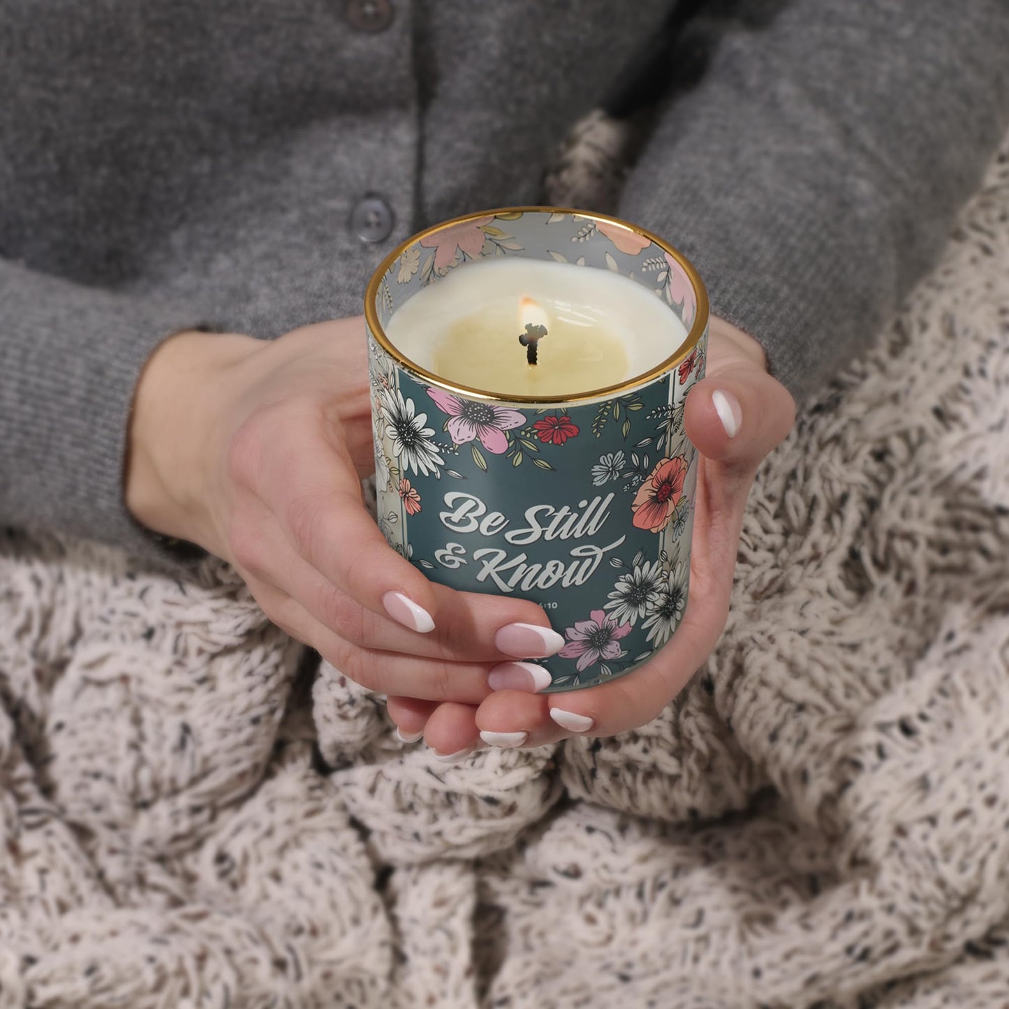 Christian Art Gifts Be Still & Know Scented Candle: Soy Wax, Pure Essential Oils, Calming Breeze Scent, Bible Verse, Floral Design Glass Jar, Encouragement Gift for Women, 40 Hours Burn Time