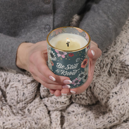 Christian Art Gifts Be Still & Know Scented Candle: Soy Wax, Pure Essential Oils, Calming Breeze Scent, Bible Verse, Floral Design Glass Jar, Encouragement Gift for Women, 40 Hours Burn Time