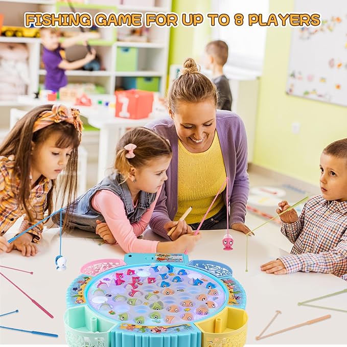 Light Up Fishing Game Toys Rotating Board Game with Music Including 45 Fishes and 8 Fishing Poles Party Game Toys for Kids Age 4 5 6 7 8 and Up