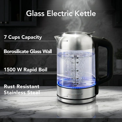 OVENTE Electric Kettle, 1.8L Glass Tea Kettle & Stainless Steel BPA-Free Cordless Electric Kettle, 1500W Fast Boil Electric Pot with Easy-Fill Lid, Auto Shut-Off & Boil Dry Protection, Silver KG751S