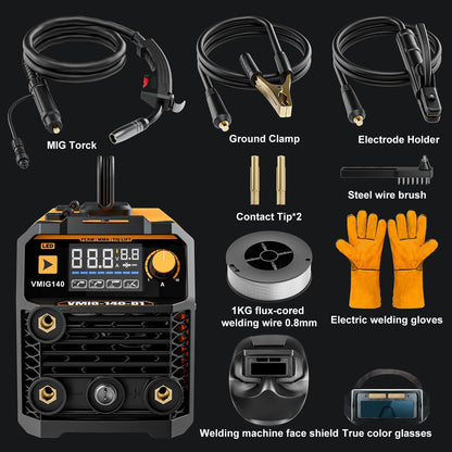 VIGRUE 140A MIG Welder, 110V Flux Core/Stick/Lift MIG 3 in 1 Welding Machine with Large Digital Screen Display & Welding Mask & Gloves