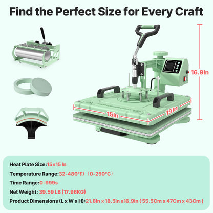 Slendor Heat Press 15x15 Inch 5 in 1 Heat Press Machine 360-Degree Swing Away Digital T Shirt Pressing Machine Multifunction Heat Transfer Sublimation Combo for T Shirts Mugs Hat Plate Cap,Green