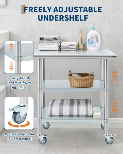 Garvee Stainless Steel Table for Prep & Work, 24x30x34 Inch Commercial Kitchen Worktable with 4 Caster Wheels & 2 Adjustable Under Shelf, Heavy Duty Metal Food Prep Table for Restaurant Garage Outdoor