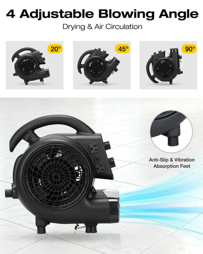 VORBO Air Mover Blower Fan, 1/3 HP 2000CFM Carpet Dryer, 3 Speeds Floor Blower Fan with Timer and 4 Adjustable Angles, Stackable, for Janitorial, Home and Commercial Use, Black