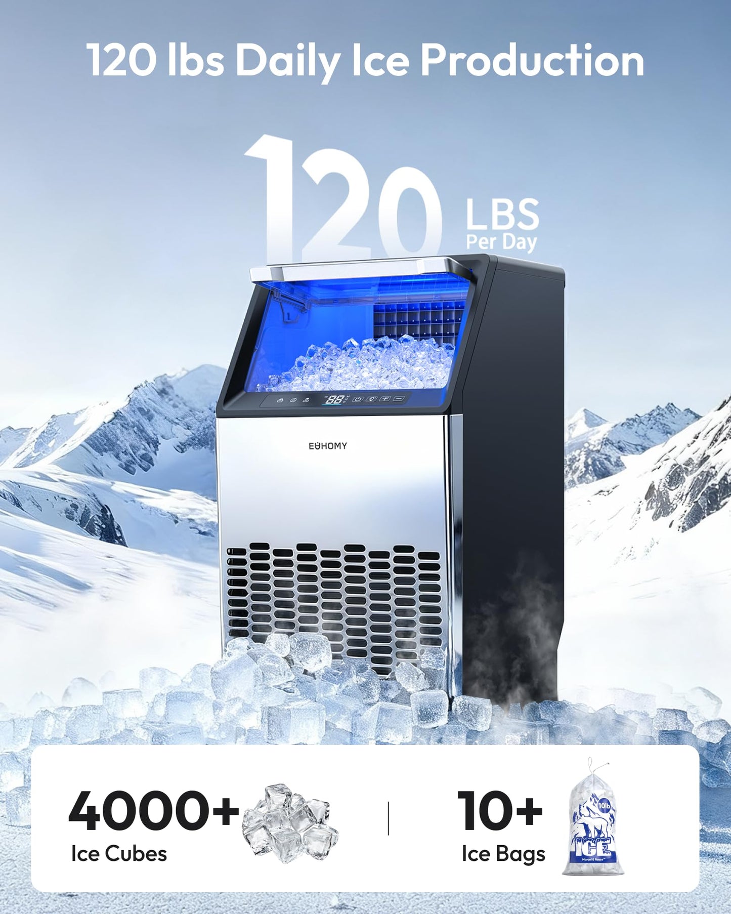 EUHOMY Under Counter Ice Maker with Drain Pump, 120 lbs/24H Commercial Ice Machine, Stainless Steel Ice Maker with 33 lbs Storage Bin, Freestanding Ice Maker for Home/Bar/Cafe/Restaurant
