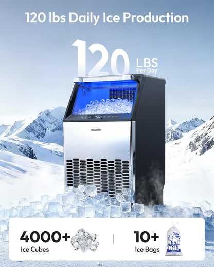 EUHOMY Under Counter Ice Maker with Drain Pump, 120 lbs/24H Commercial Ice Machine, Stainless Steel Ice Maker with 33 lbs Storage Bin, Freestanding Ice Maker for Home/Bar/Cafe/Restaurant