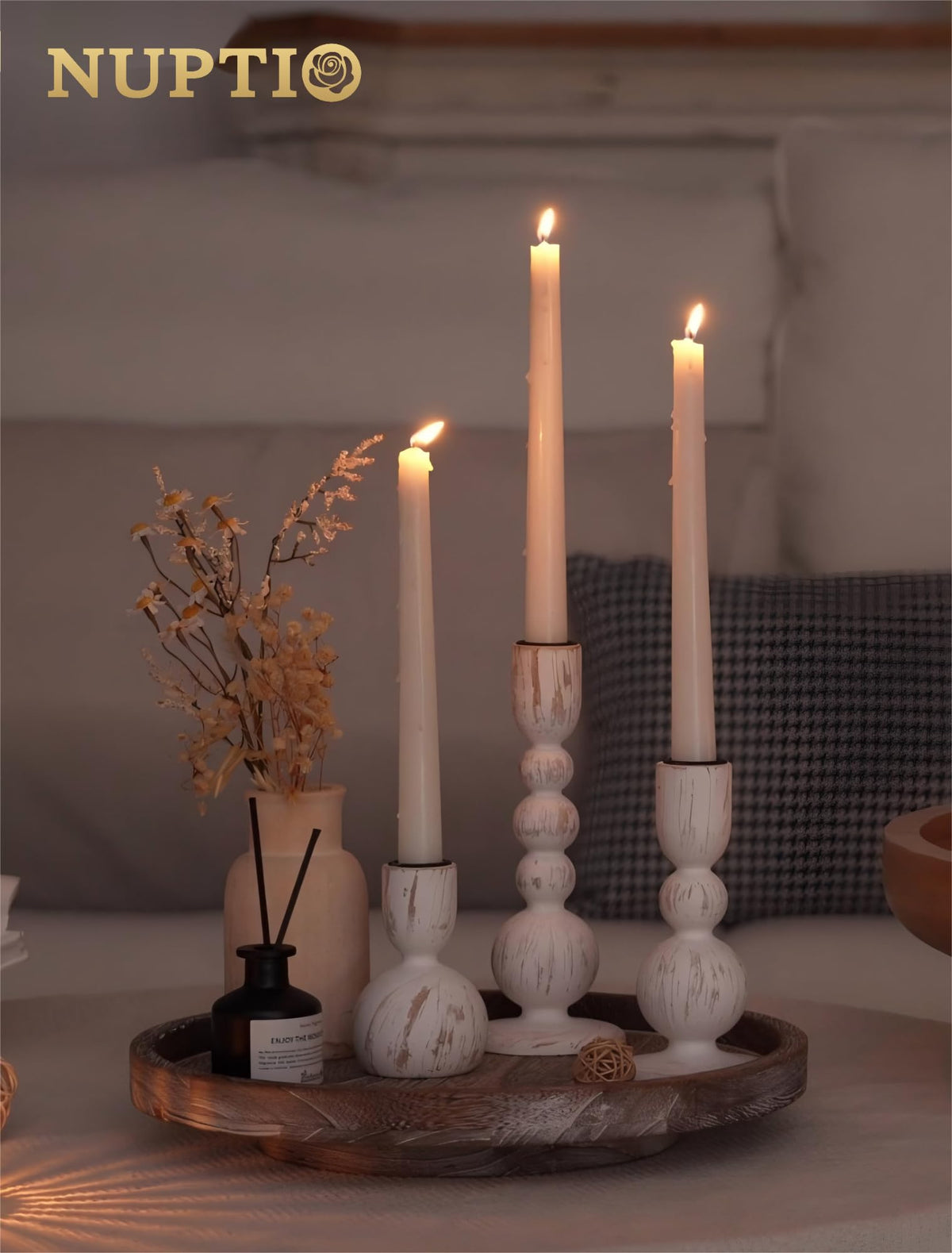 NUPTIO Taper Candle Holders Decor: Set of 3 Wooden Candlestick Holders Mantel Decor - Boho Farmhouse Rustic White