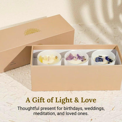 AvaConcept Healing Crystal Candle Gift Set – Set of 3 Citrine, Amethyst & Lazurite Hand-Poured Soy Wax French Vanilla, Lavender & Sea Salt Orchid Aromatherapy Scents 3.5oz Each | Premium Gift Box