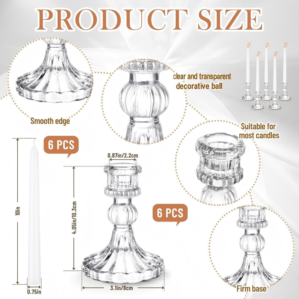 Suclain 12 Pcs Wedding Candlestick Holders Taper Candles Set Clear Glass Candle Holder and White Tapered Candles Dripless Tall Candle Sticks for Wedding Party Table Favor(Transparent)