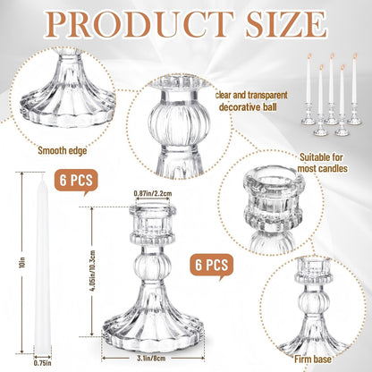 Suclain 12 Pcs Wedding Candlestick Holders Taper Candles Set Clear Glass Candle Holder and White Tapered Candles Dripless Tall Candle Sticks for Wedding Party Table Favor(Transparent)