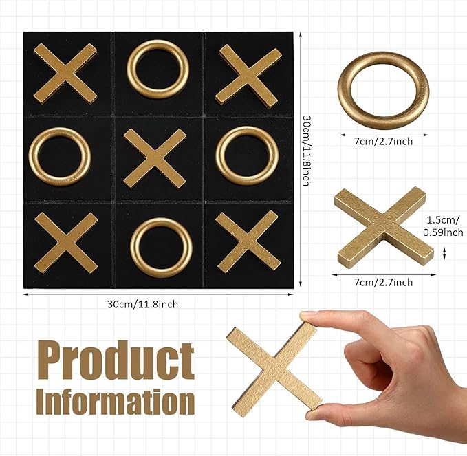 11.8x11.8 Inch Tic Tac Toe Wood Game Board Coffee Table Decor Modern Wooden for Board Table Top Living Room Decor Fun Family Party Adults Travel Ages15+ (Black Gold)