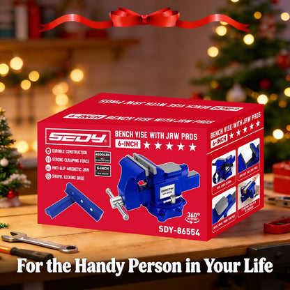 6-Inch Bench Vise with Jaw Pads, Heavy Duty Workbench Vise with Anvil, 360° Swivel Locking Base, 4500 lbs Clamping Force Bench Vice for Woodworking, Drilling, Pipe Cutting