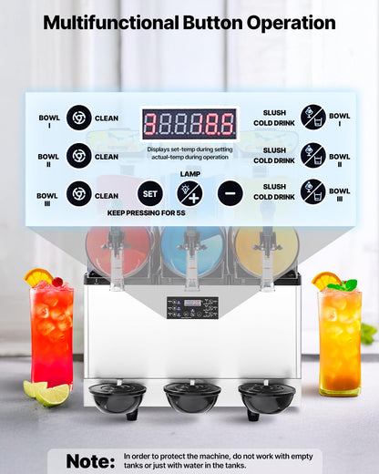 VEVOR Commercial Slushy Machine, 15Lx3 Triple Tank Margarita Machine, 180 Cups Stainless Steel Margarita Smoothie Frozen Drink Machine, Slushie Machine for Party Restaurants Cafe Bars