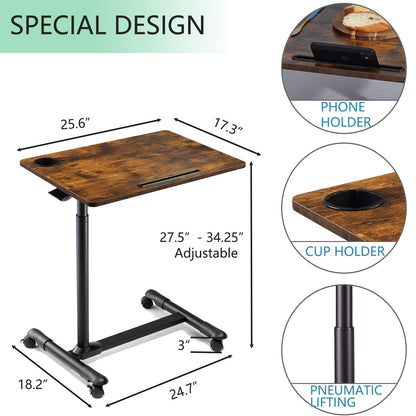 ETHU Overbed Table with Hydraulic Lift, 27.1-34.2 Inch Height Adjustable Bed Table with Lockable Casters - Wood Grain Tabletop with Cup Holder & Charging Slot, 22lbs Capacity Rolling Bedside Desk