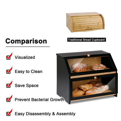 HOMEKOKO Double Layer Large Bread Box for Kitchen Counter, Wooden Large Capacity Bread Storage Bin (Rustic White)